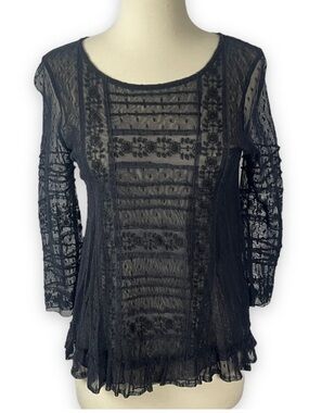 Free People Black Mesh Lace 3/4
Sleeve Ruffle Hem Blouse Size M